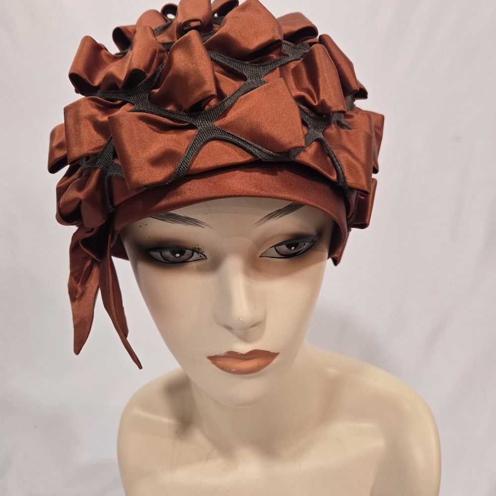 Vintage Schiaparelli Sculptural Satin Cloche Hat Copper Rust Asymmetric Bow